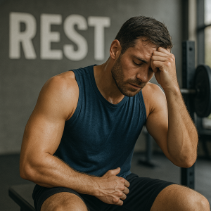 Hombre descansando después del entrenamiento en el gimnasio, simbolizando la importancia del descanso muscular