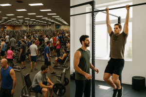Imagen comparativa de un gimnasio de cadena abarrotado frente a un centro Crosswolf con atención personalizada