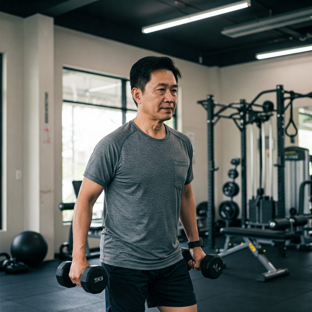 Hombre asiático de mediana edad haciendo ejercicios con mancuernas en gimnasio luminoso