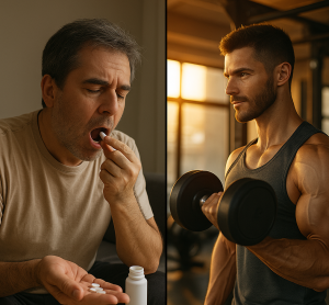 Comparativa entre un hombre sedentario tomando pastillas y otro haciendo ejercicio con buena movilidad