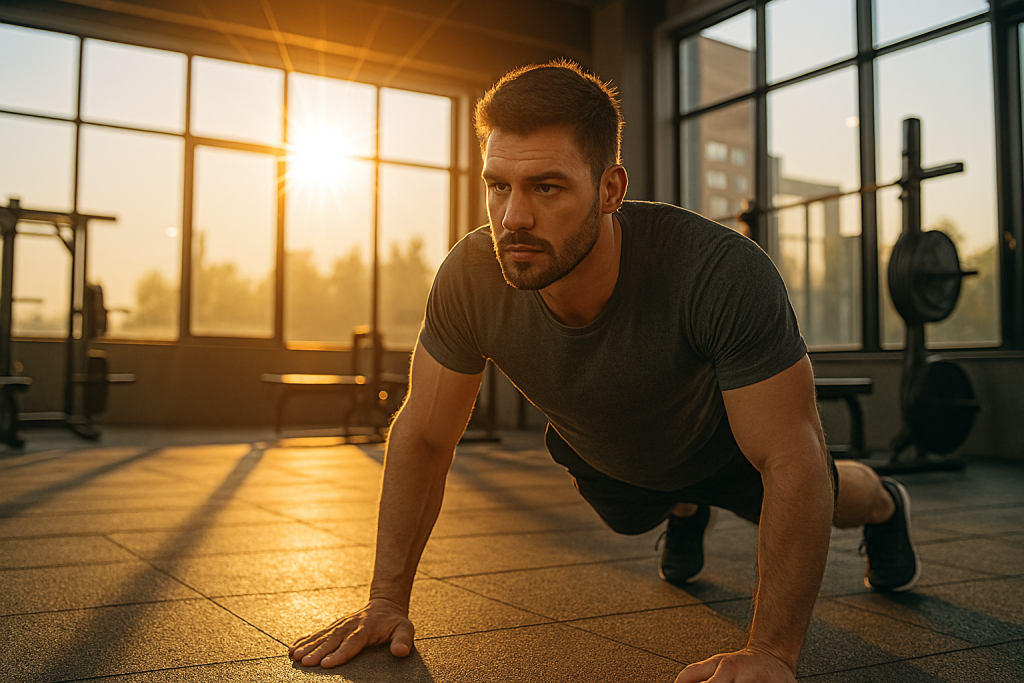 Hombre entrenando por la mañana en gimnasio con luz solar intensa entrando por la ventana