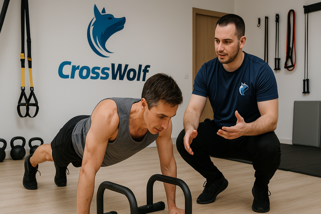 entrenador personal guiando a un cliente en el gimnasio Crosswolf de Xirivella