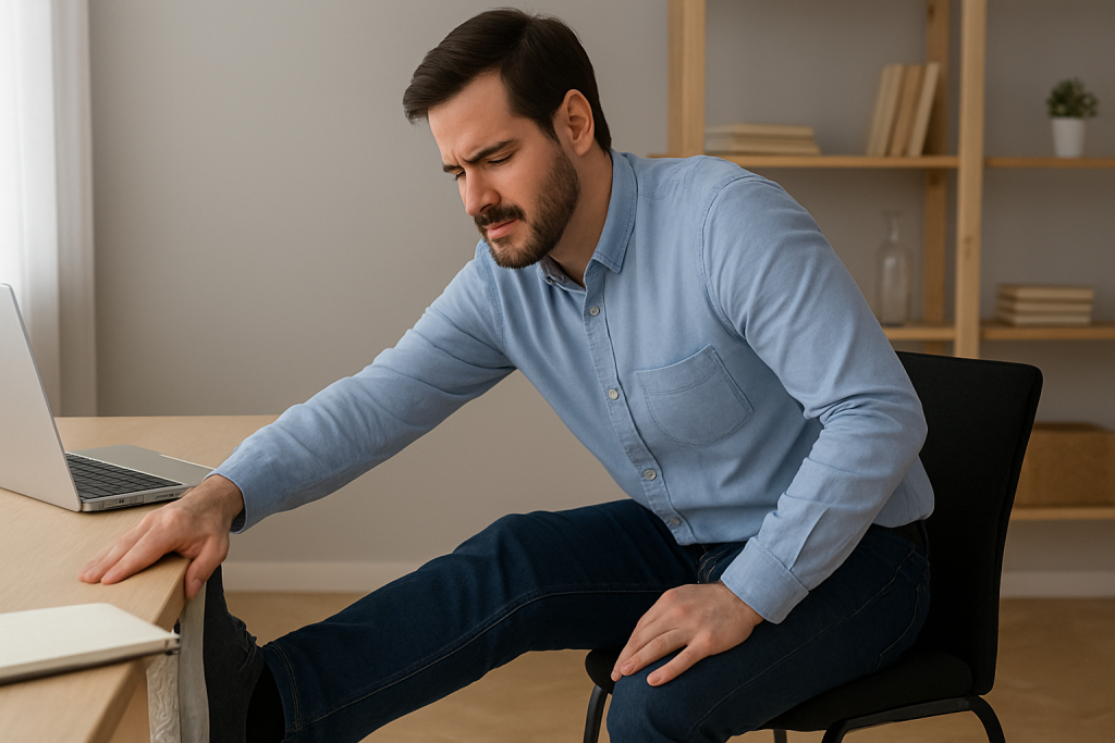 Hombre realizando ejercicio de movilidad en su puesto de trabajo para combatir el sedentarismo