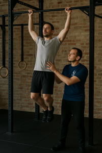 Entrenador personal guiando una sesión de calistenia en gimnasio Crosswolf, estilo fotográfico realista