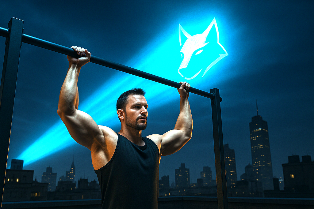 Hombre entrenando en gimnasio Crosswolf con logo iluminado en el cielo, ambiente nocturno e intenso en Xirivella.