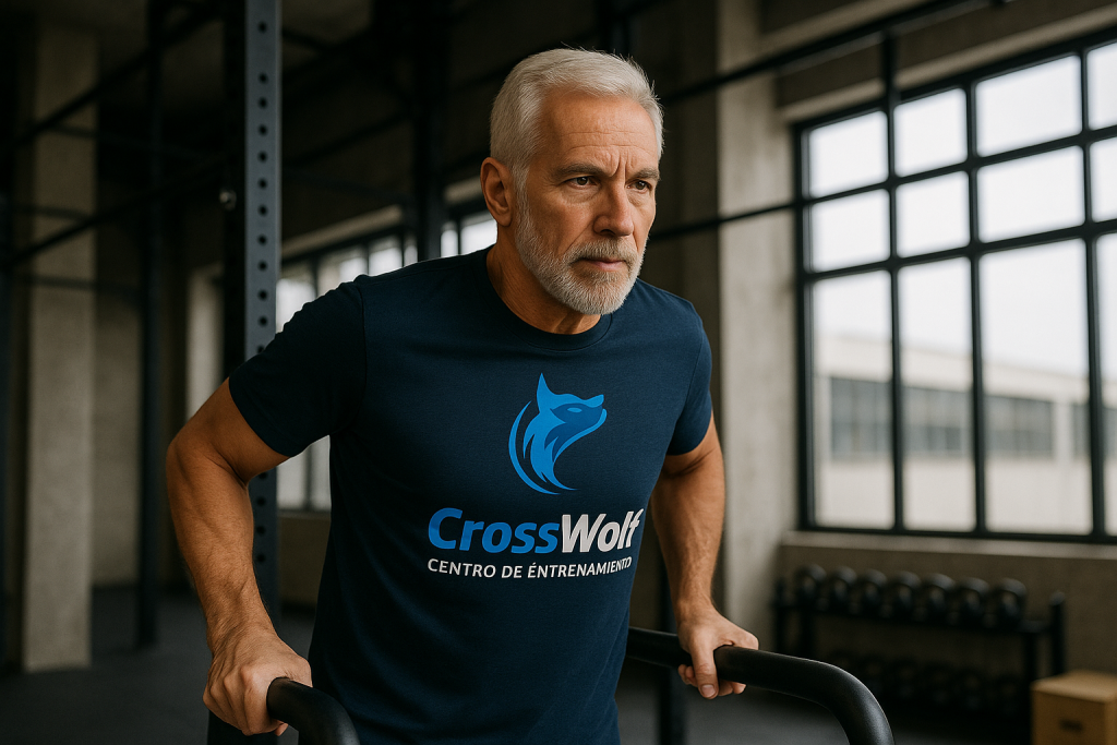 Hombre mayor entrenando fuerza en gimnasio Crosswolf
