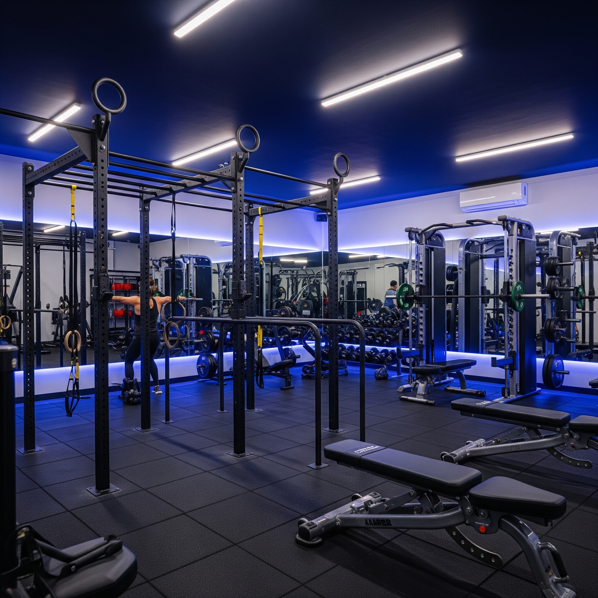 Gimnasio compacto con estructura de calistenia para ejercicios de peso corporal y máquinas de musculación reales, ideal para entrenamientos completos.