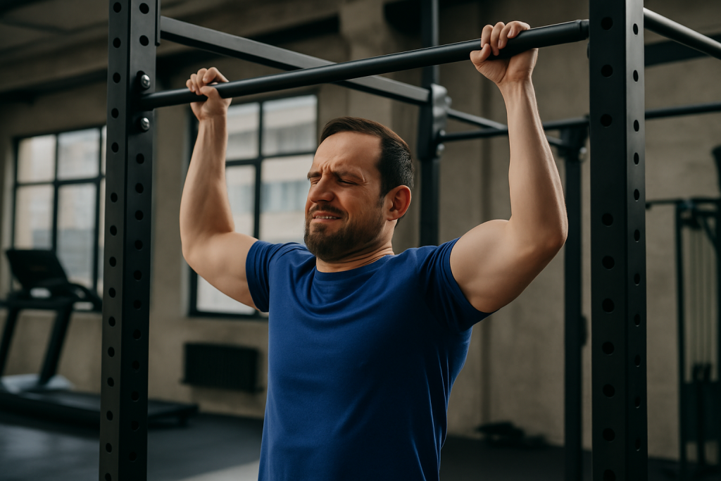 Hombre con dificultad para hacer una dominada eb una barra de entrenamiento en gimnasio Crosswolf