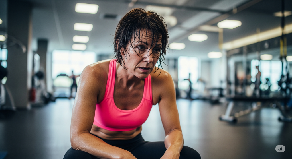 Persona agotada y sudando en el suelo de un gimnasio, sin ganas de entrenar por el calor