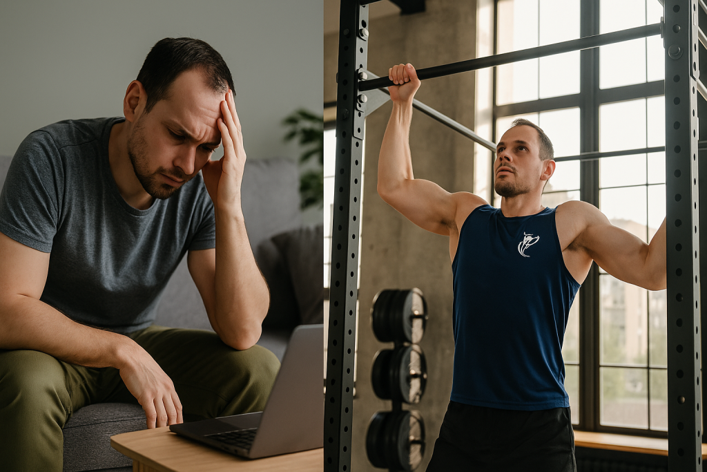 Comparativa de un hombre con estrés antes y después de entrenar en gimnasio Crosswolf.