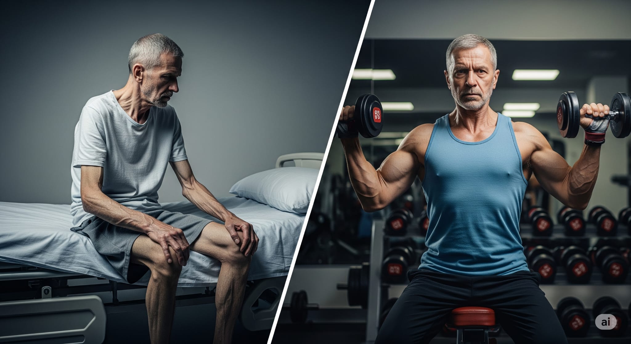 Comparación de un hombre con sarcopenia en una camilla de hospital y el mismo hombre fuerte tras entrenar fuerza en el gimnasio a partir de los 40 años.