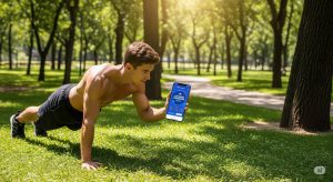 Joven entrenando calistenia al aire libre con una aplicación en su móvil, mostrando el entrenamiento online desde el parque.
