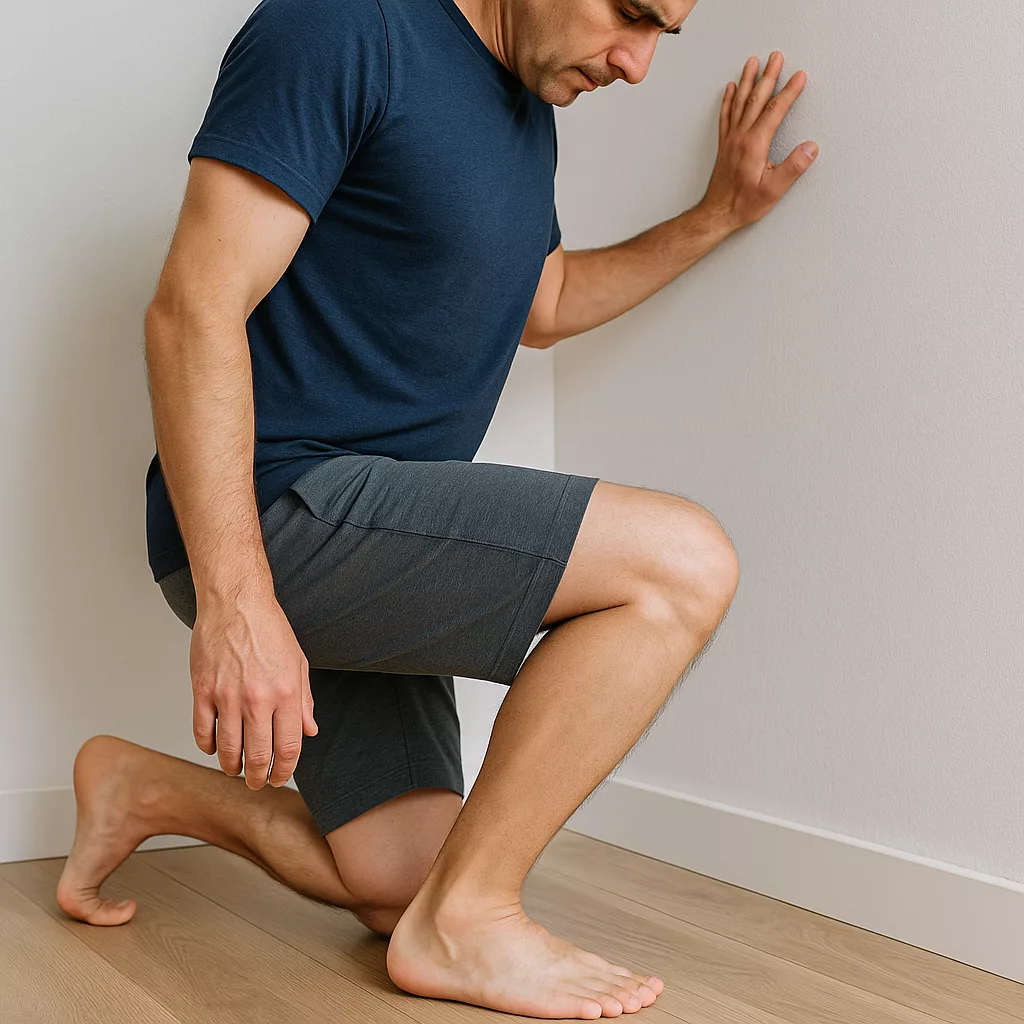 Hombre de mediana edad descalzo realizando ejercicio de movilidad de tobillo contra la pared, visto lateralmente, para mejorar postura y prevenir dolor en rodillas y cadera.