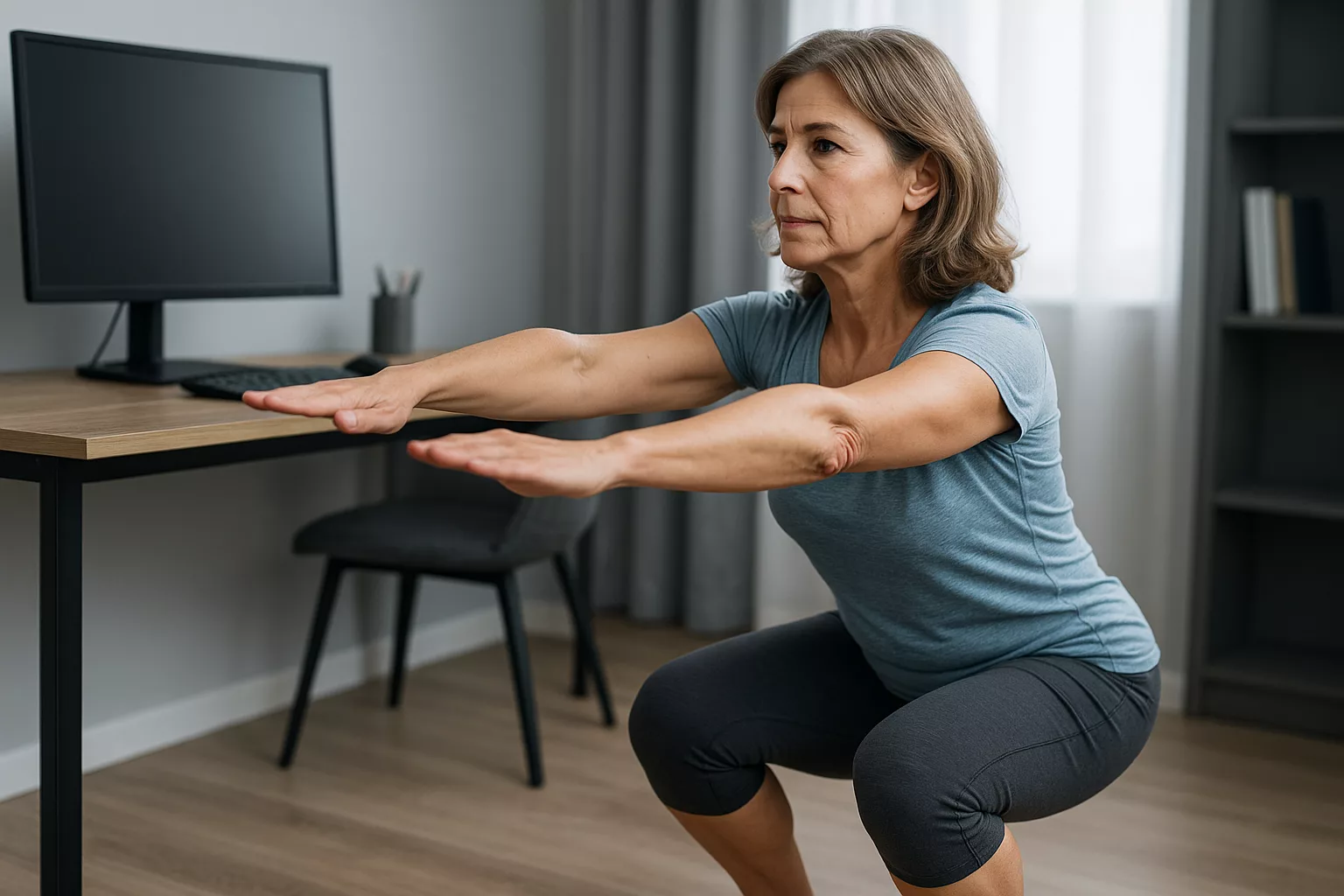 Mujer de 45 años realizando entrenamiento funcional tipo calistenia en casa con sentadilla de peso corporal