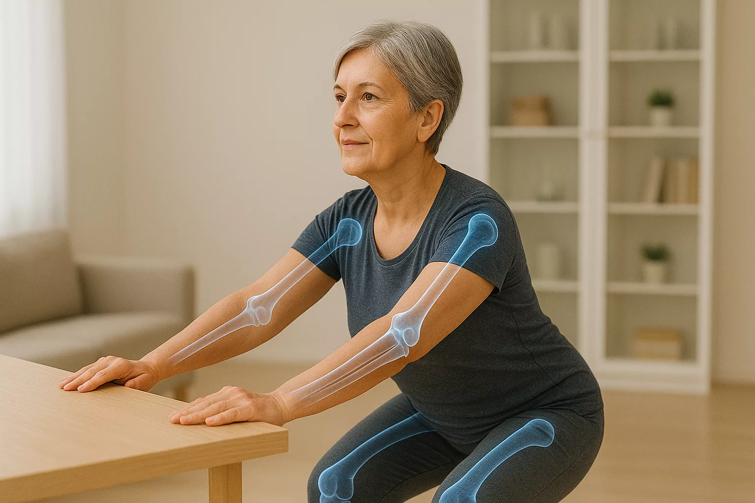 Mujer de unos 50 años realizando una sentadilla asistida mientras se resaltan sus articulaciones con efecto anatómico, representando el trabajo de movilidad y fuerza del método Crosswolf