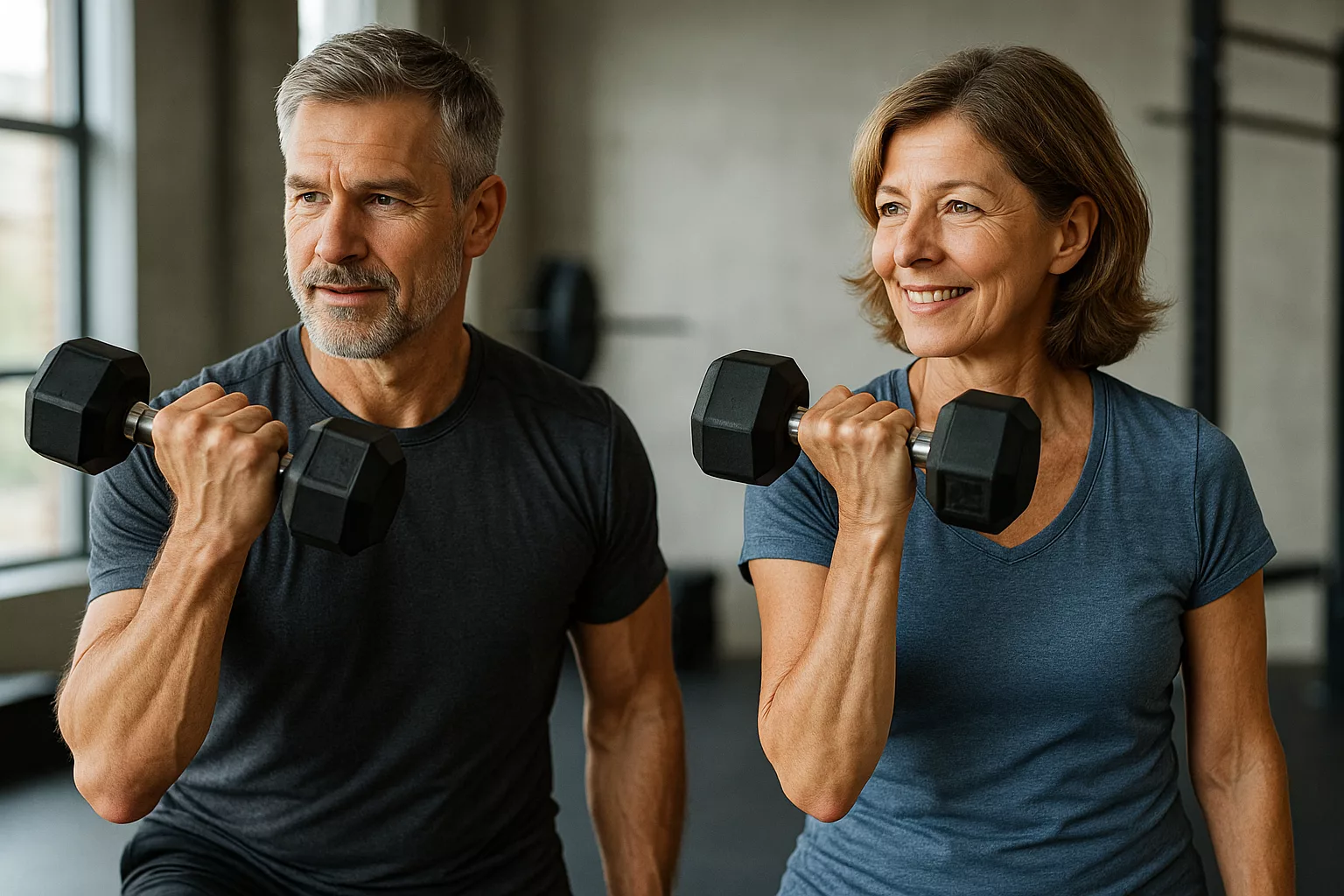 Pareja de mediana edad entrenando fuerza funcional en Crosswolf Xirivella para mejorar movilidad y vitalidad.