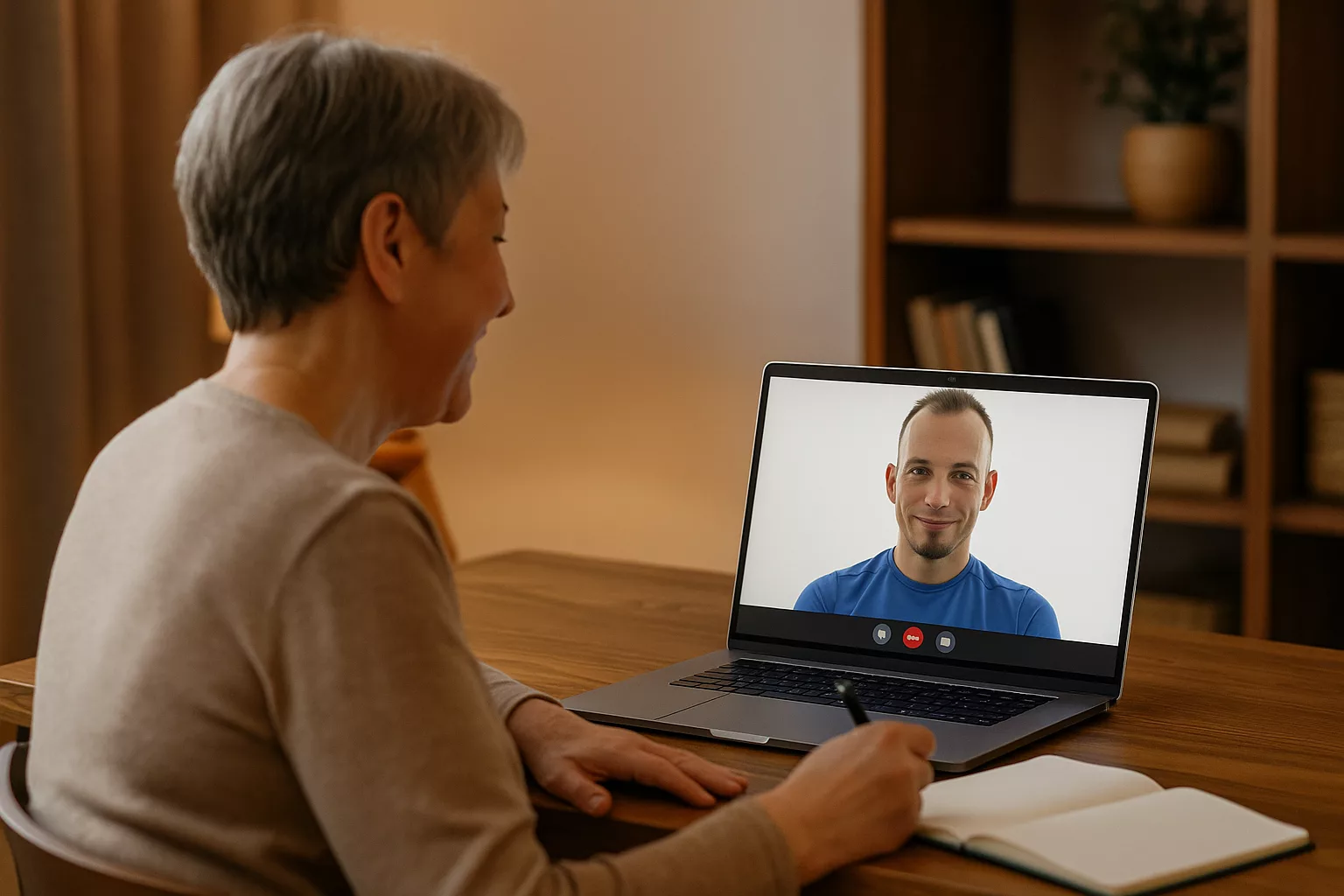 Entrenador de Crosswolf guiando una videollamada de valoración personal del programa REPARA-T Online con una mujer adulta entrenando desde casa.