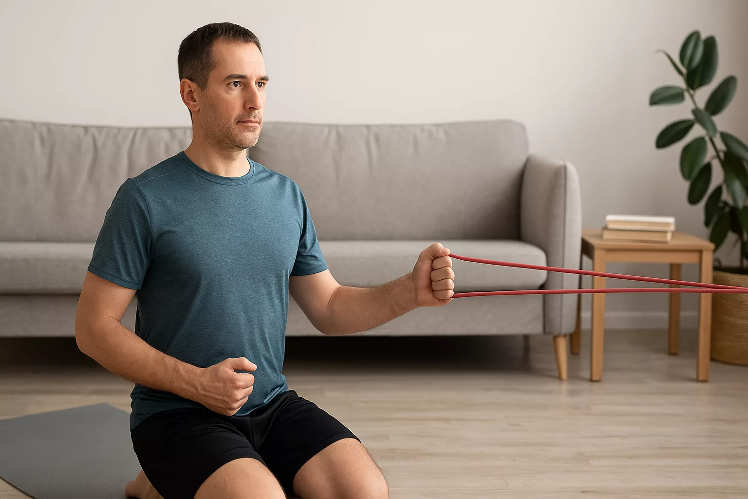 Hombre de 40-50 años realizando rotación externa de hombro con banda elástica en casa para mejorar fuerza y movilidad.